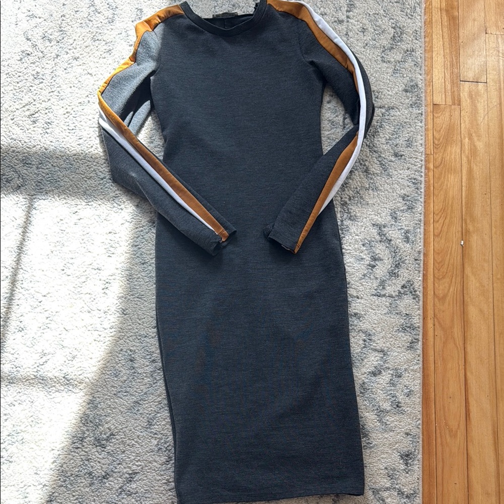 Zara Gray Dress with Striped Sleeves